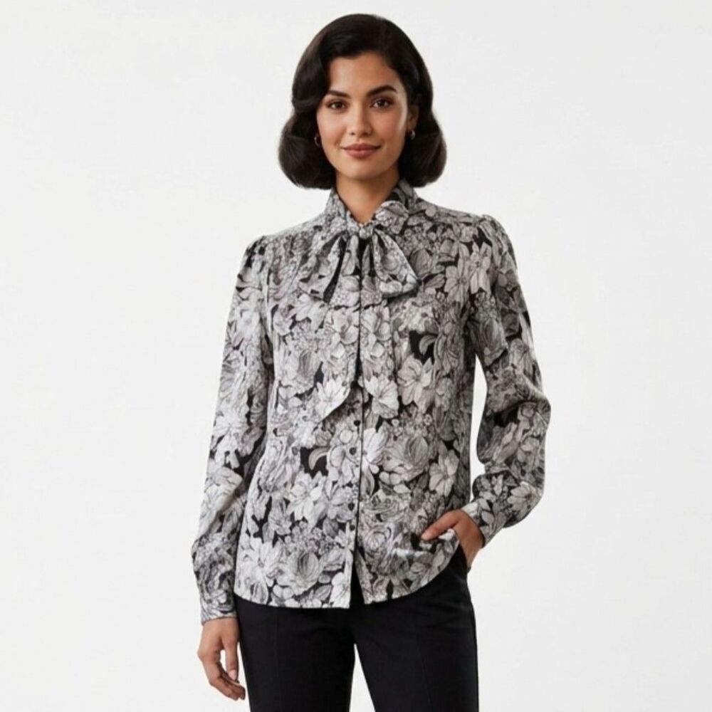 Vintage Devon Floral Bow Blouse Size 14 Scarf Black & White Tie Neck Top